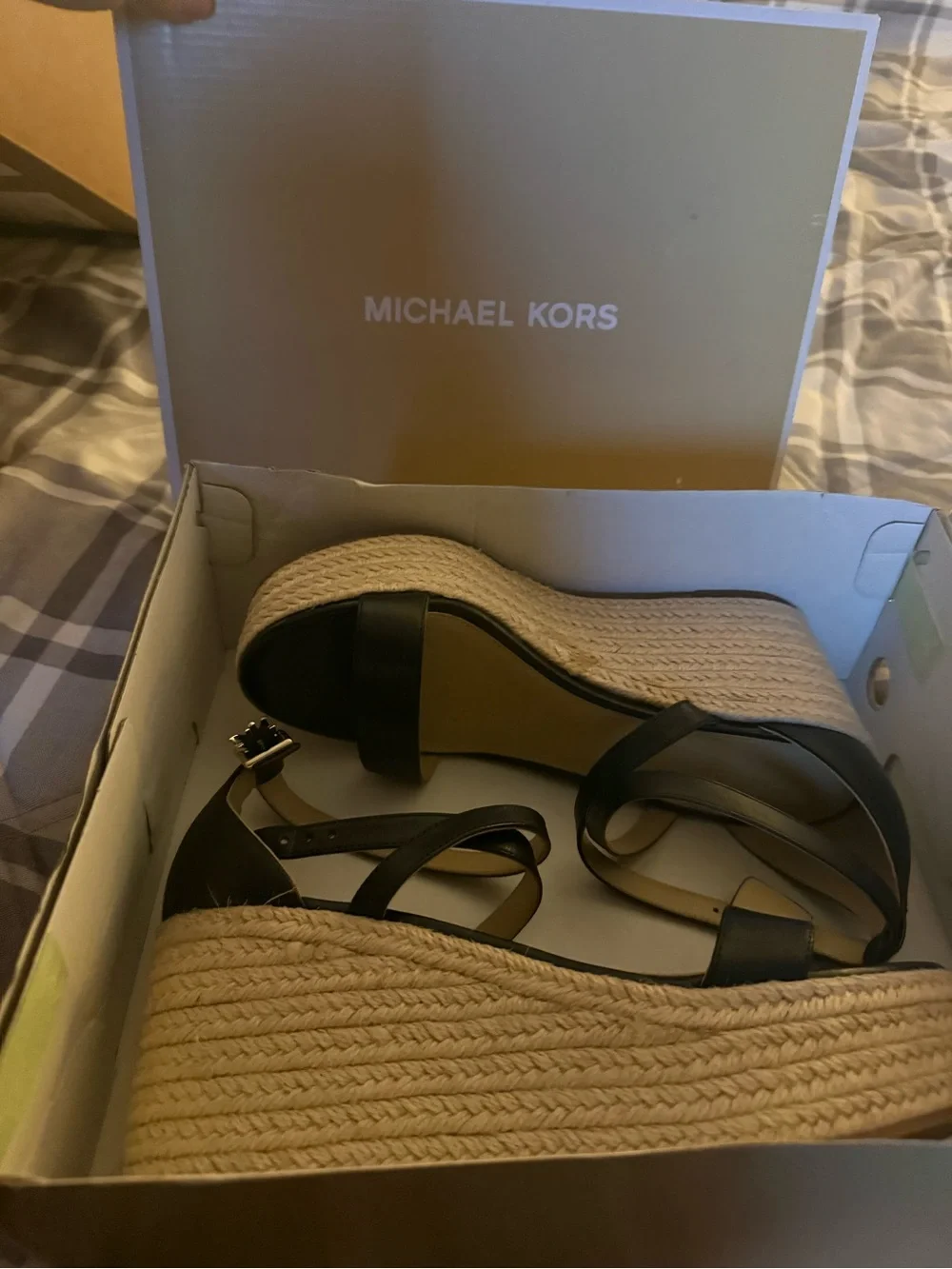 Michael Kors Black Leather Espadrille Wedge Sandals